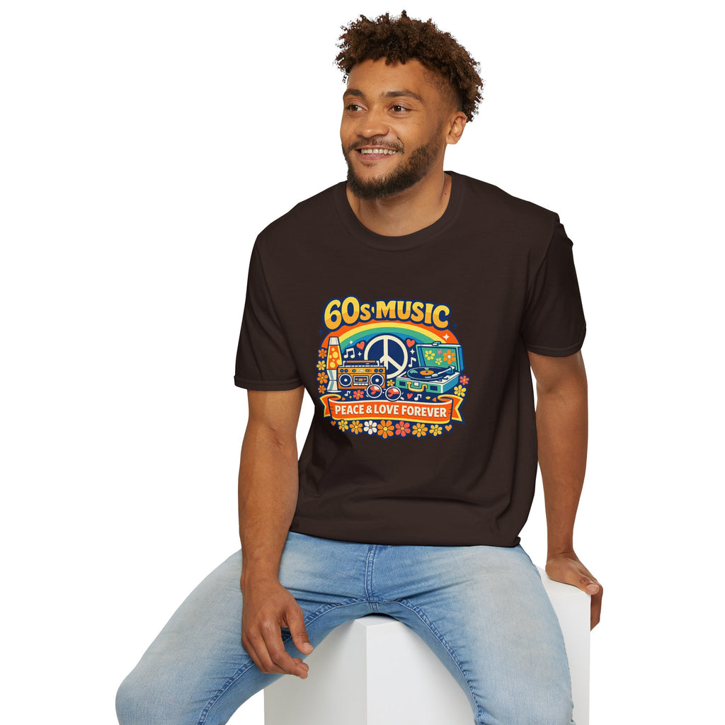 60s Music T-Shirt — Retro Peace & Love Vintage Radio Design