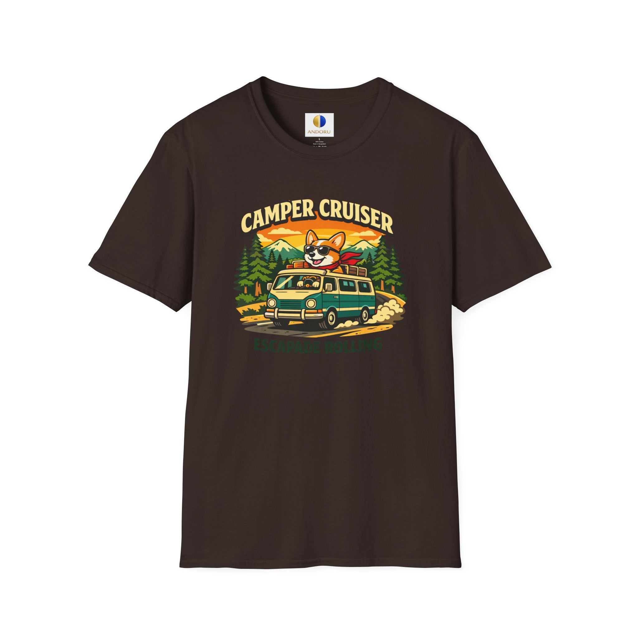 Camper Cruiser T-Shirt — Cute Corgi Van Life Graphic Tee for Camping Lovers