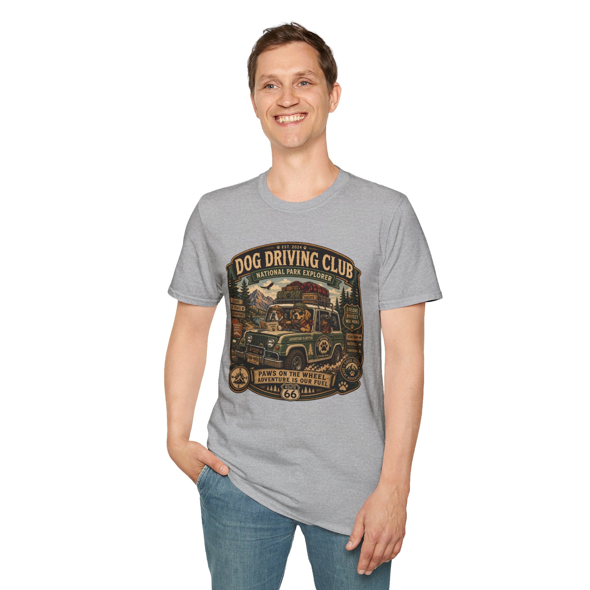 Dog Driving Club T‑Shirt — National Park Explorer Retro Pet Road Trip Tee