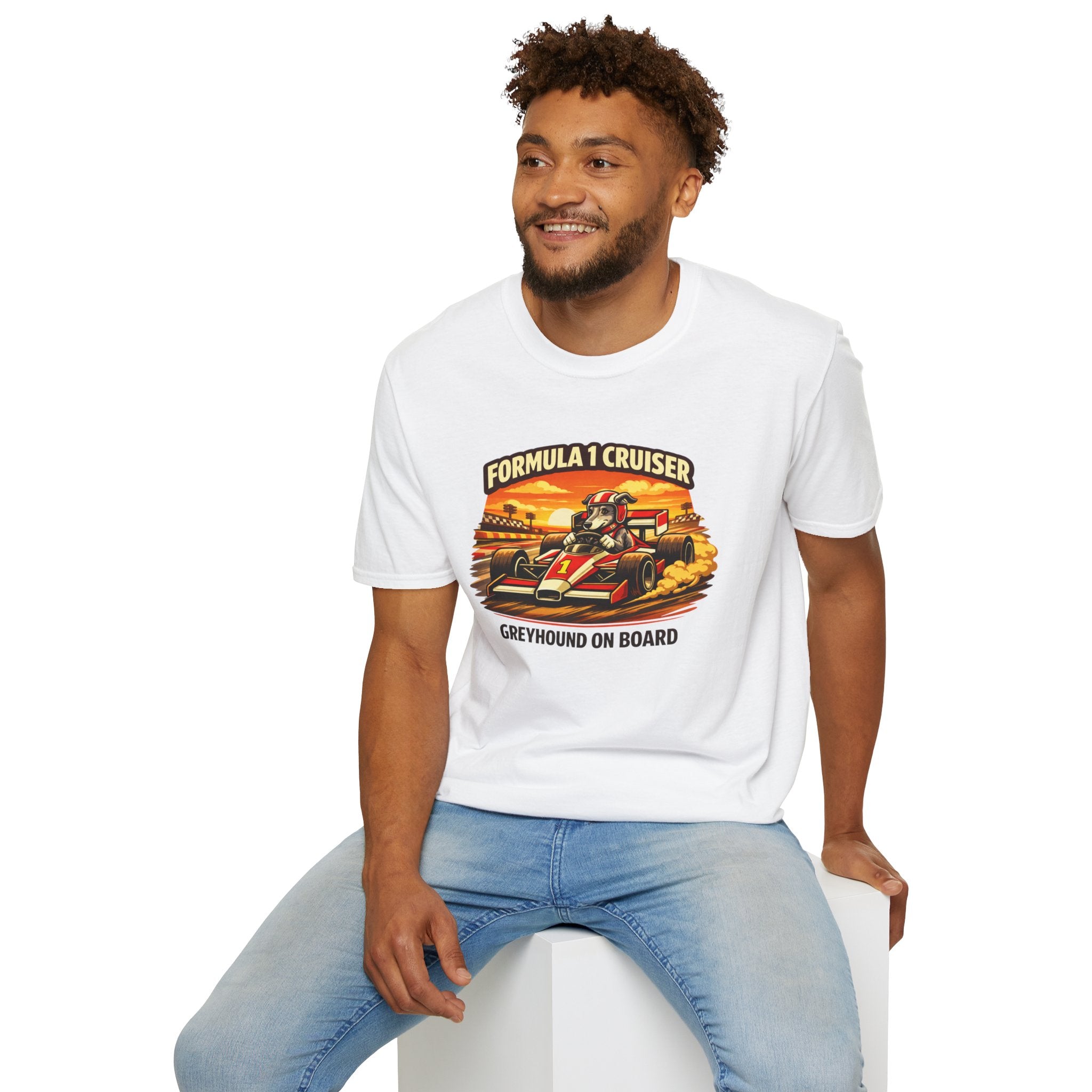 Formula 1 Cruiser T-Shirt — Vintage Racecar Graphic ("Greyhound On Board")