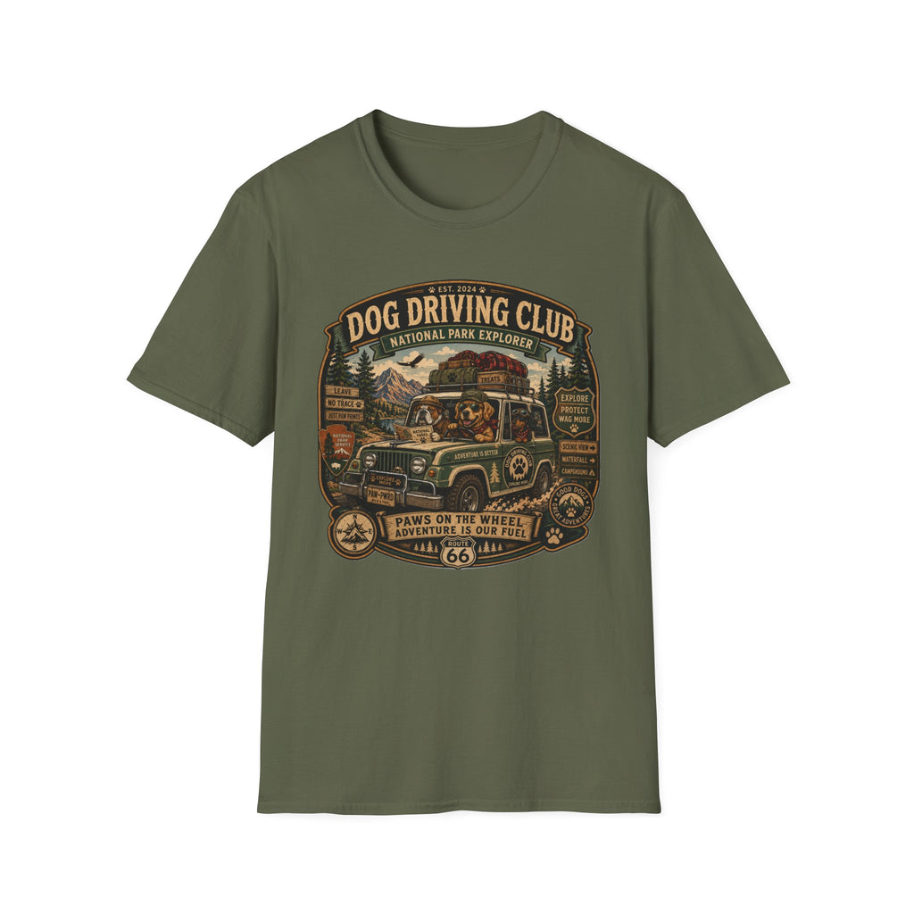 Dog Driving Club T‑Shirt — National Park Explorer Retro Pet Road Trip Tee