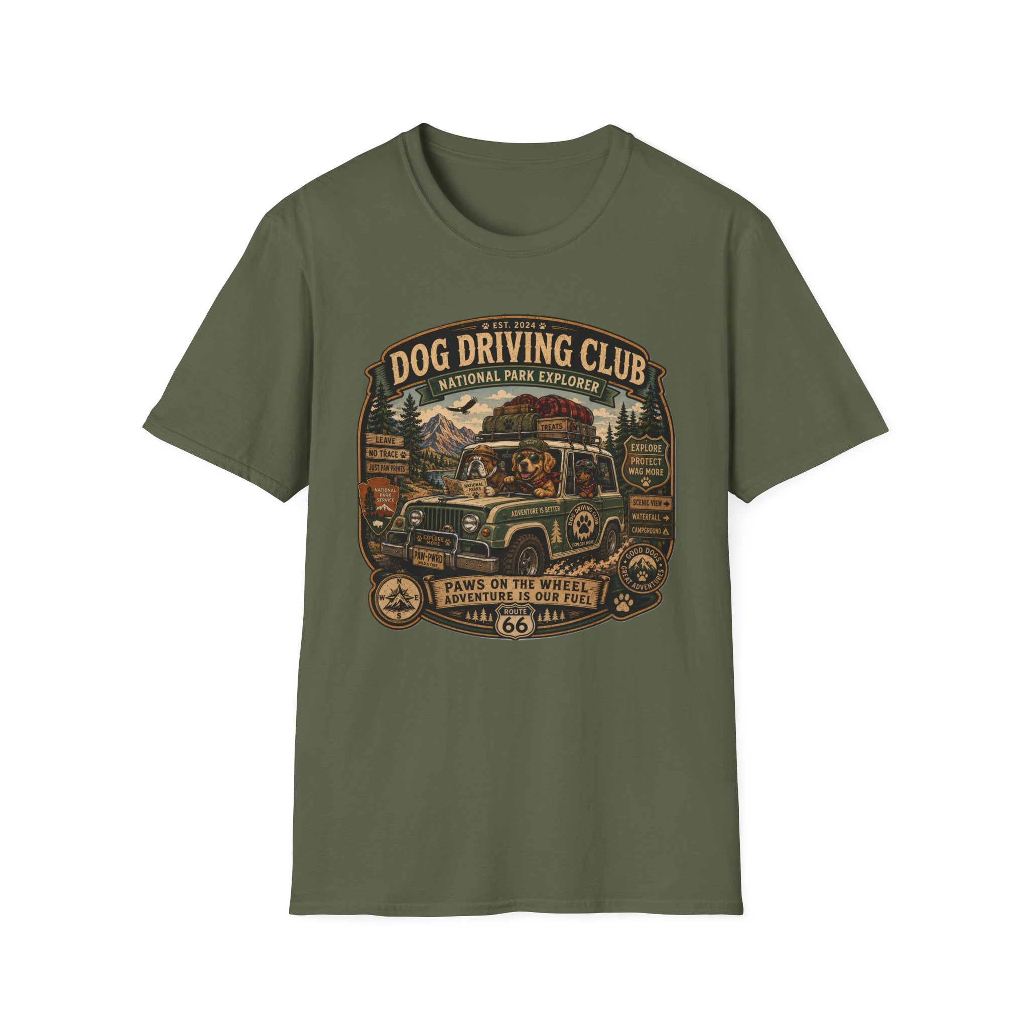 Dog Driving Club T‑Shirt — National Park Explorer Retro Pet Road Trip Tee