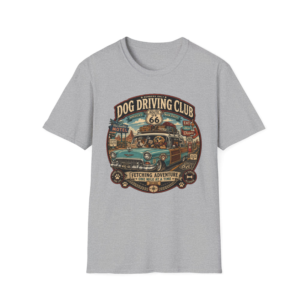 The Dog Driving Club T‑Shirt — Route 66 Retro Pet Road Trip Tee