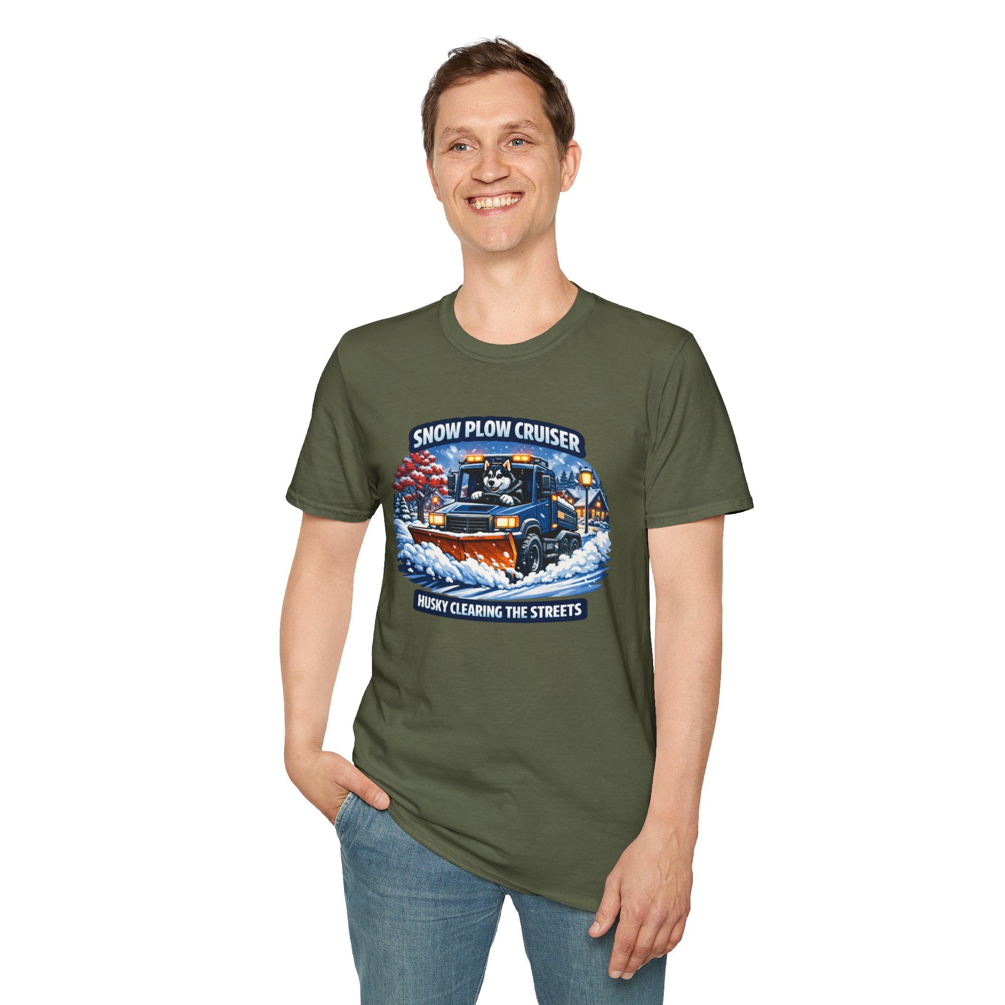 Snow Plow Cruiser T-Shirt — Husky Driving Plow Winter Tee