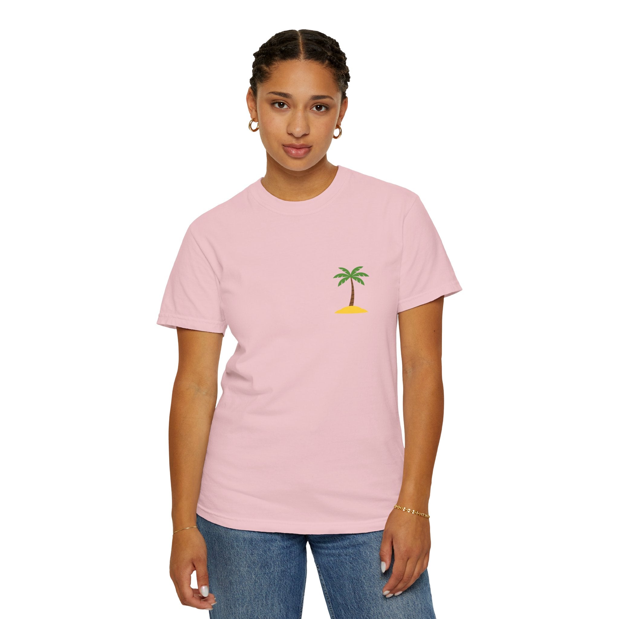 Palm Island Chest Tee — Minimal Tropical Graphic T-Shirt