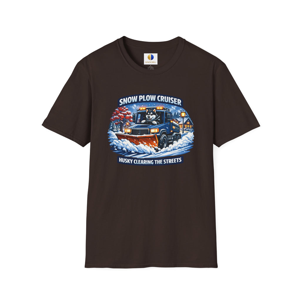 Snow Plow Cruiser T-Shirt — Husky Driving Plow Winter Tee