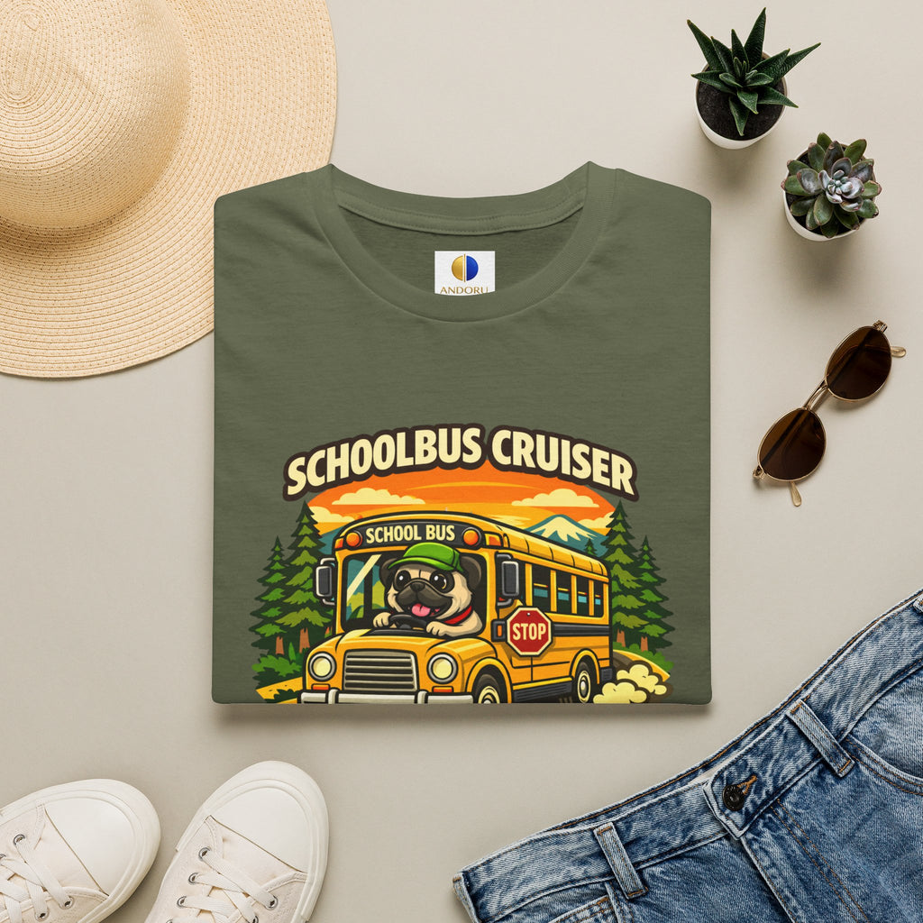 Schoolbus Cruiser T-Shirt — "Pugs On Board" Cute Dog Bus Graphic Tee