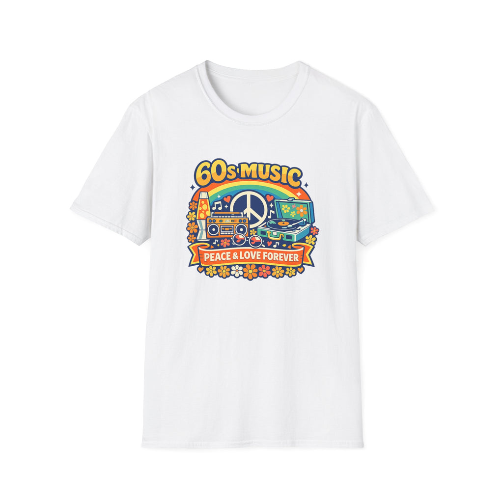 60s Music T-Shirt — Retro Peace & Love Vintage Radio Design