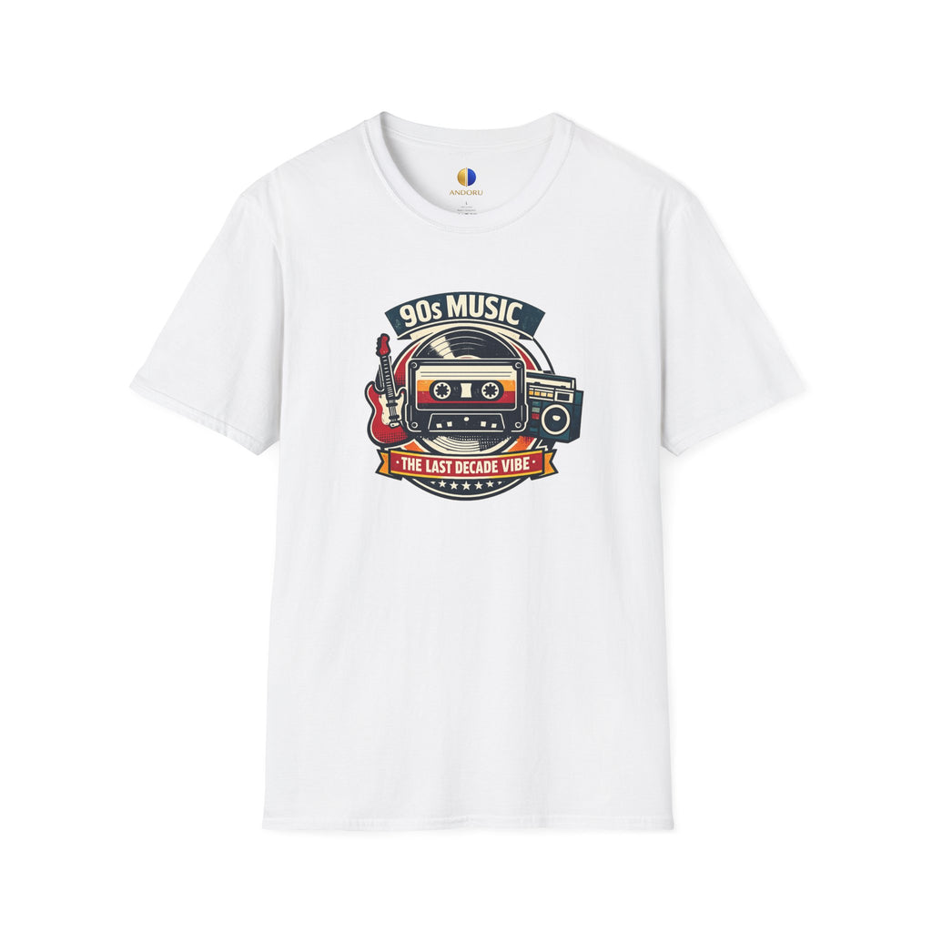 90s Music T-Shirt — Retro Cassette & Guitar 'The Last Decade Vibe' Tee