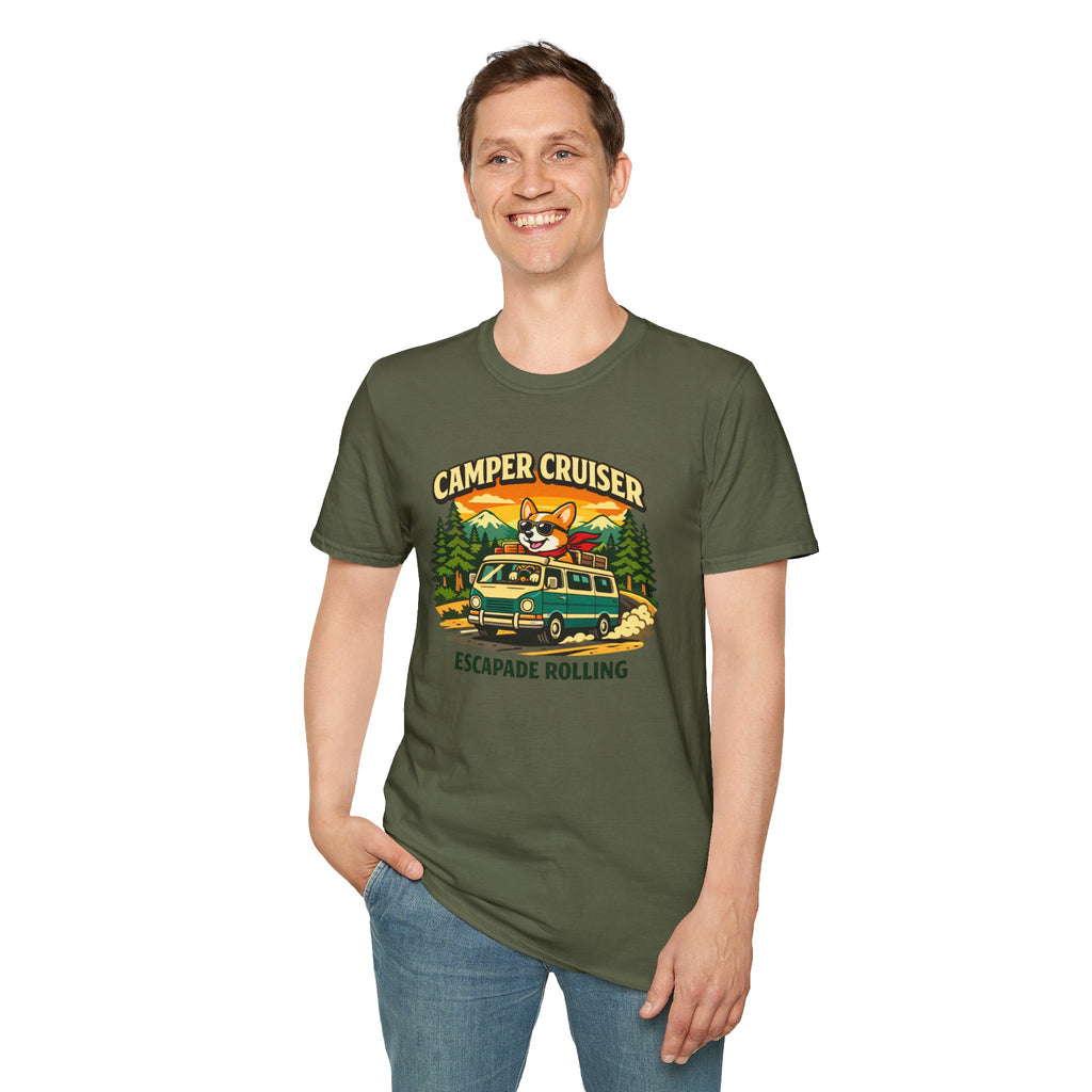Camper Cruiser T-Shirt — Cute Corgi Van Life Graphic Tee for Camping Lovers