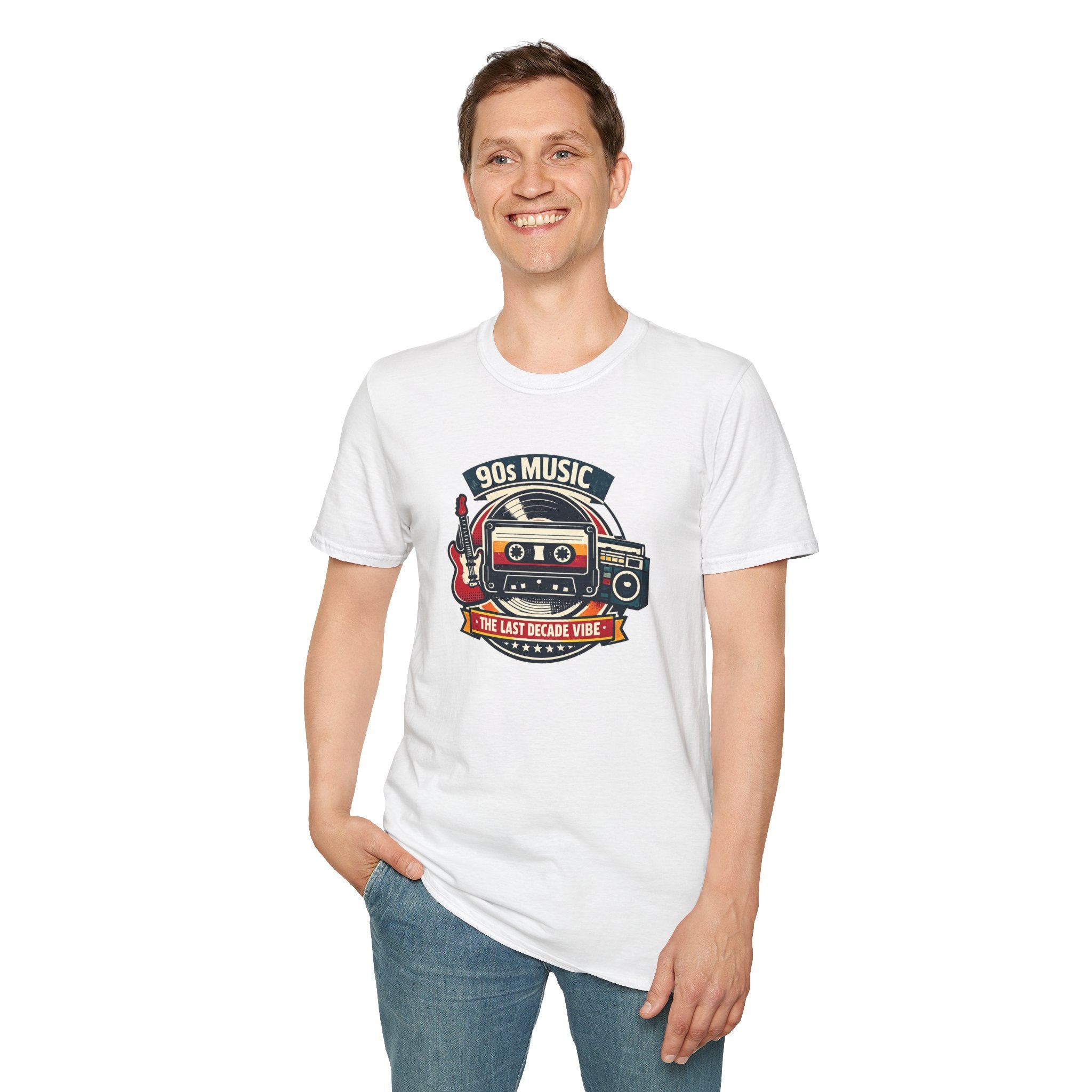 90s Music T-Shirt — Retro Cassette & Guitar 'The Last Decade Vibe' Tee