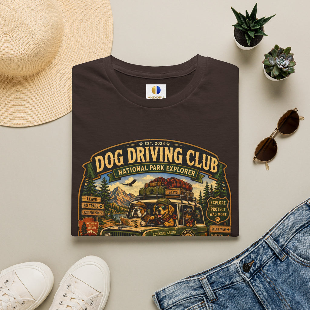 Dog Driving Club T‑Shirt — National Park Explorer Retro Pet Road Trip Tee