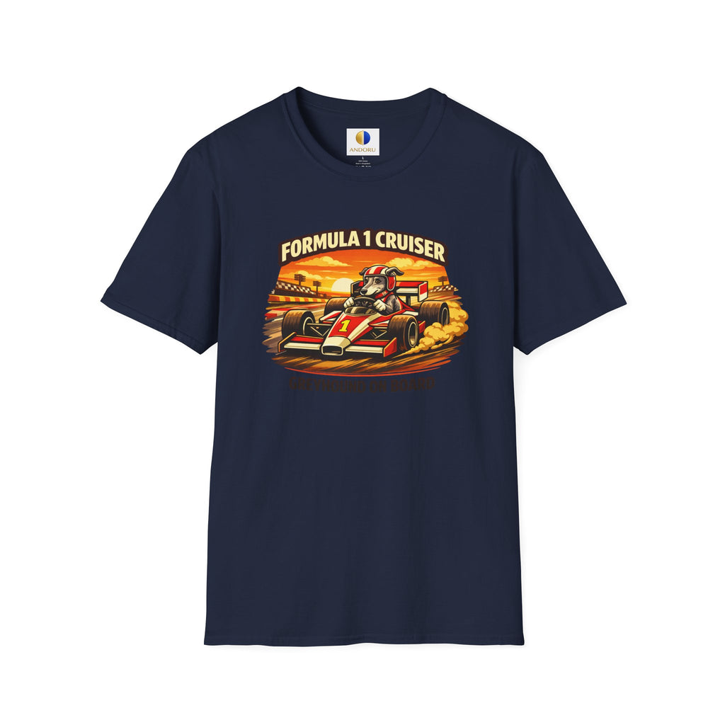Formula 1 Cruiser T-Shirt — Vintage Racecar Graphic ("Greyhound On Board")