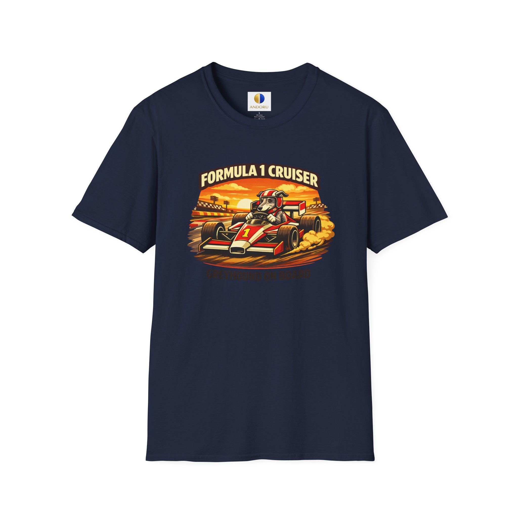 Formula 1 Cruiser T-Shirt — Vintage Racecar Graphic ("Greyhound On Board")