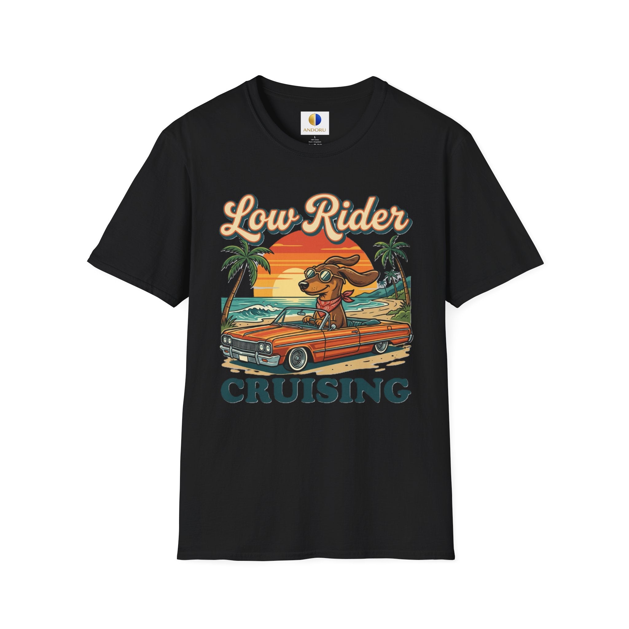 Low Rider Cruise Dog T-Shirt — Retro Palm Sunset Graphic Tee