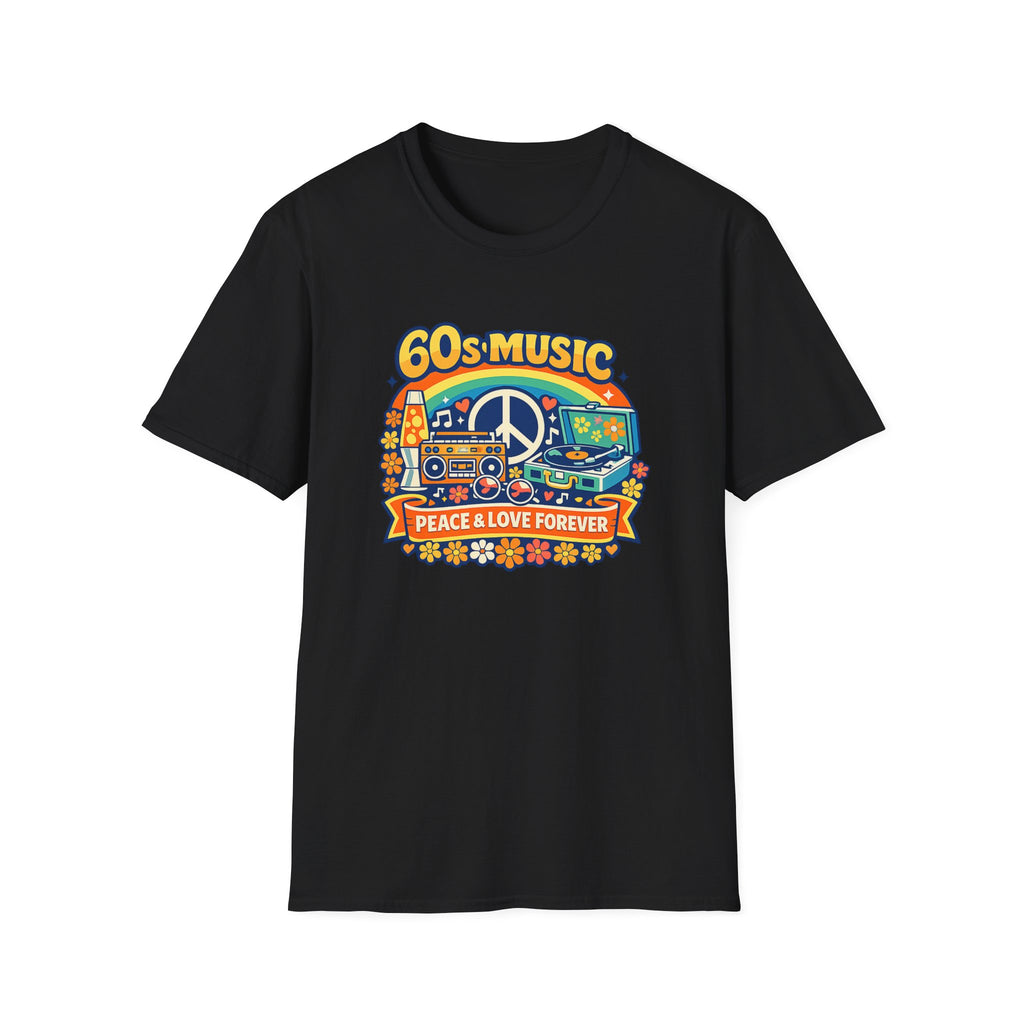 60s Music T-Shirt — Retro Peace & Love Vintage Radio Design