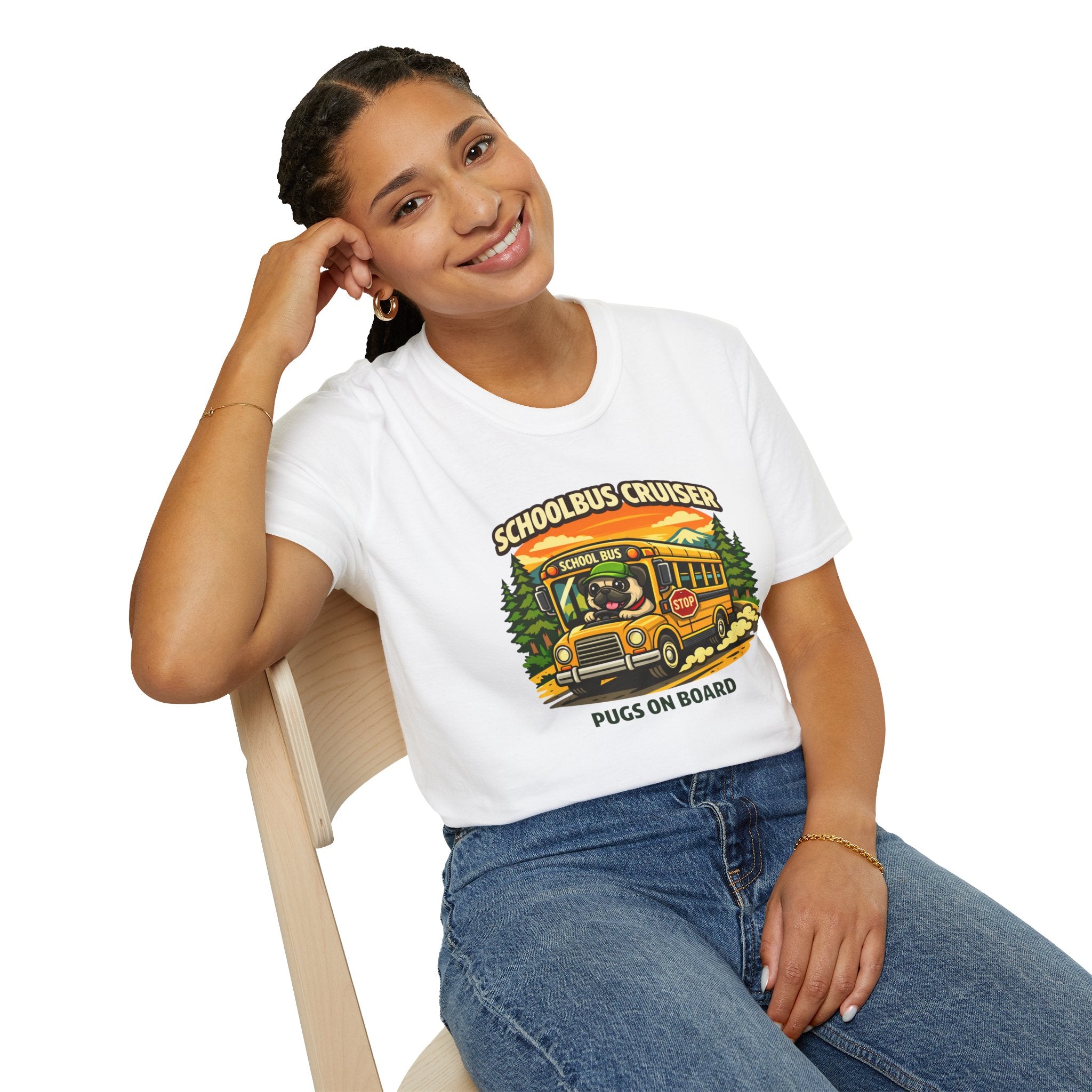 Schoolbus Cruiser T-Shirt — "Pugs On Board" Cute Dog Bus Graphic Tee