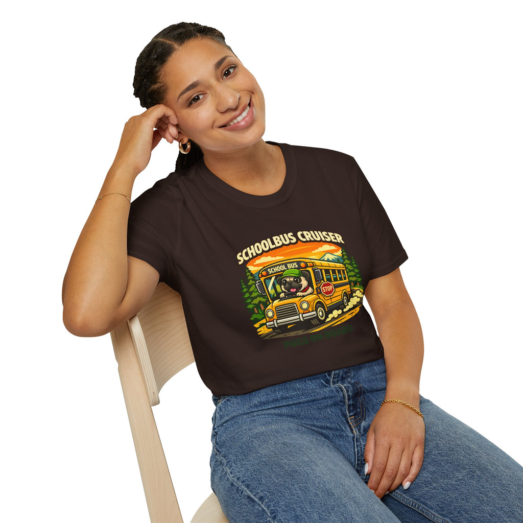 Schoolbus Cruiser T-Shirt — "Pugs On Board" Cute Dog Bus Graphic Tee