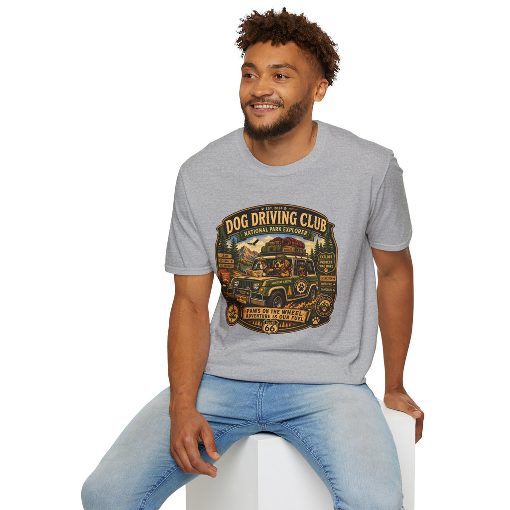 Dog Driving Club T‑Shirt — National Park Explorer Retro Pet Road Trip Tee