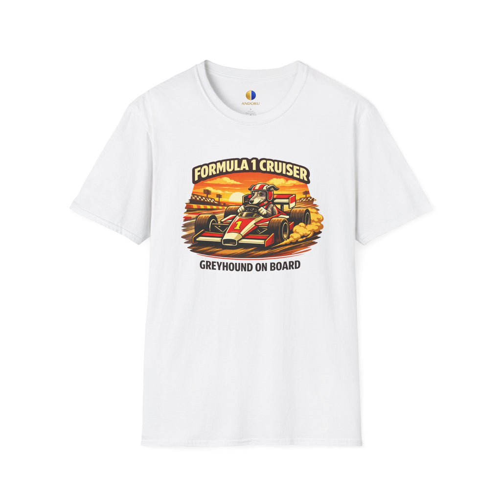 Formula 1 Cruiser T-Shirt — Vintage Racecar Graphic ("Greyhound On Board")