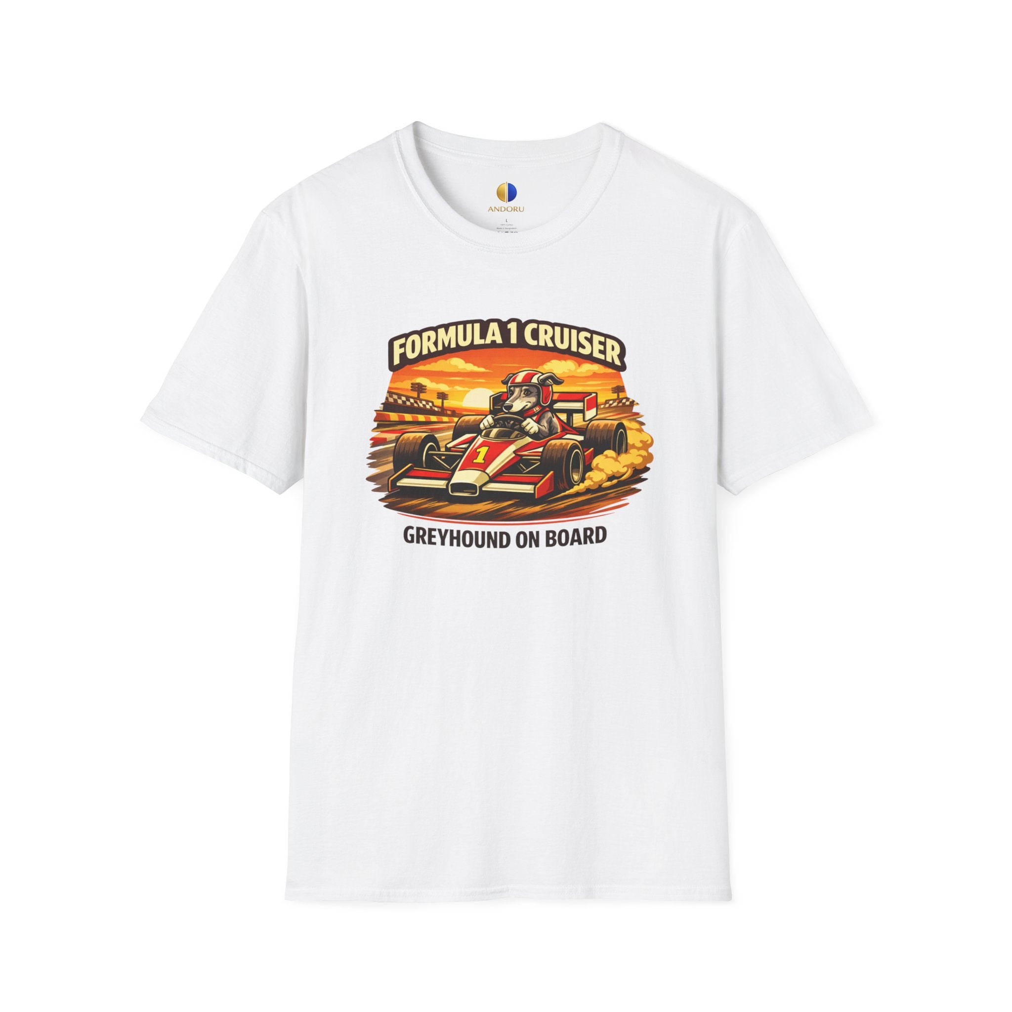 Formula 1 Cruiser T-Shirt — Vintage Racecar Graphic ("Greyhound On Board")