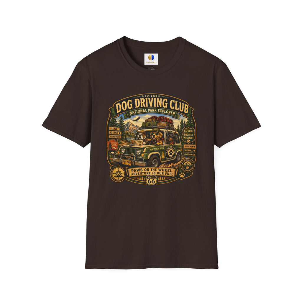 Dog Driving Club T‑Shirt — National Park Explorer Retro Pet Road Trip Tee