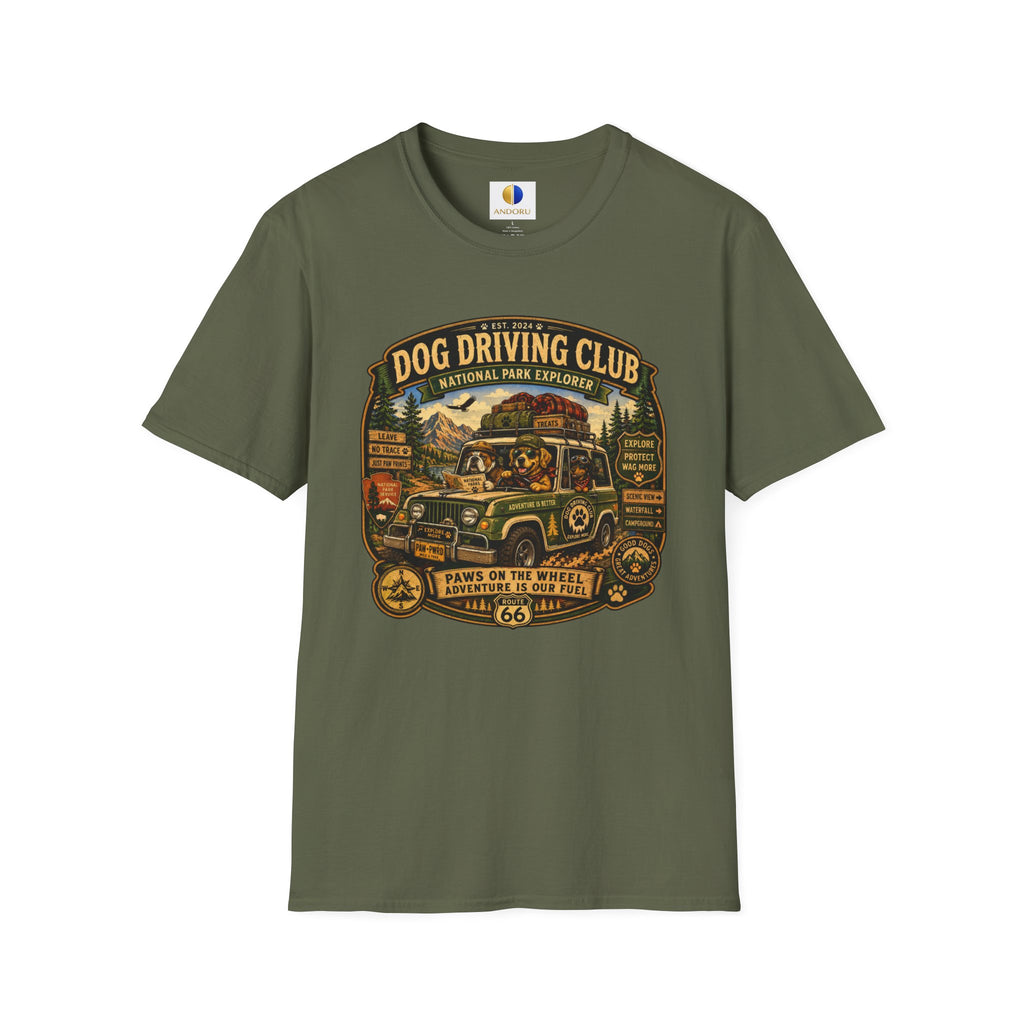 Dog Driving Club T‑Shirt — National Park Explorer Retro Pet Road Trip Tee