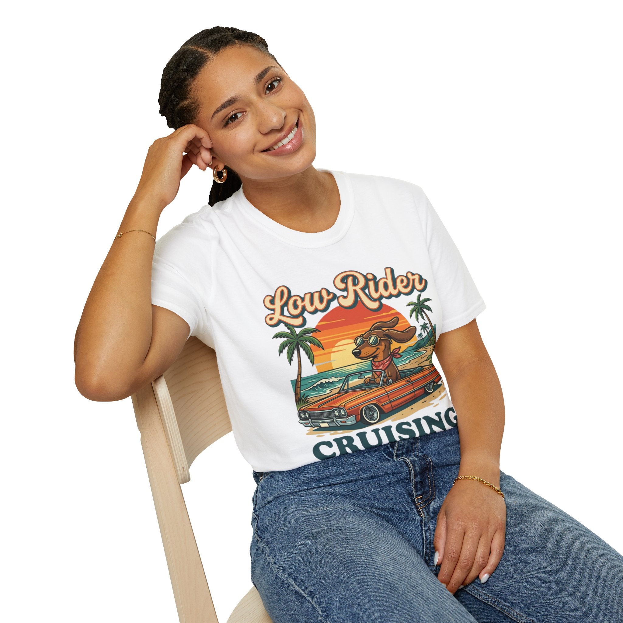 Low Rider Cruise Dog T-Shirt — Retro Palm Sunset Graphic Tee