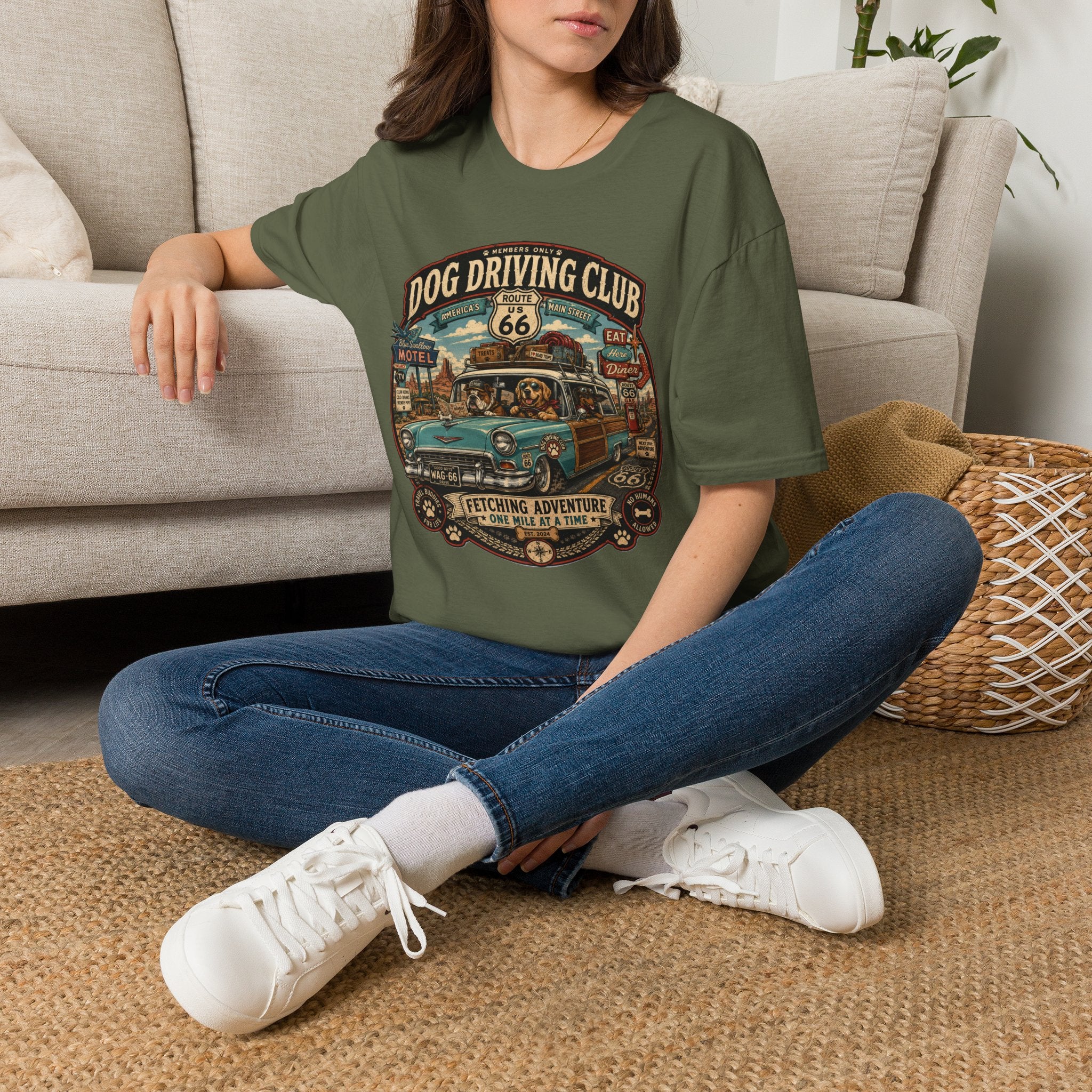 The Dog Driving Club T‑Shirt — Route 66 Retro Pet Road Trip Tee