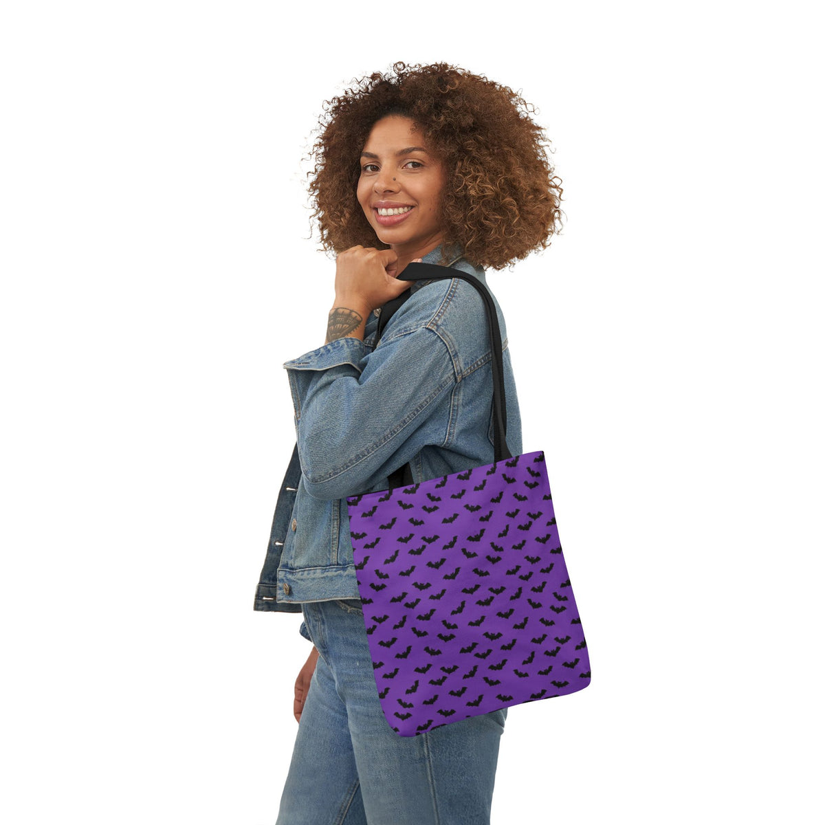 Halloween Purple Black Bat Pattern Canvas Tote Bag
