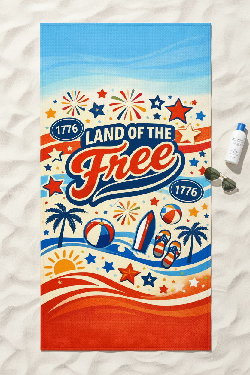 Land of the Free Patriotic Beach Towel — 4th of July American Flag Design