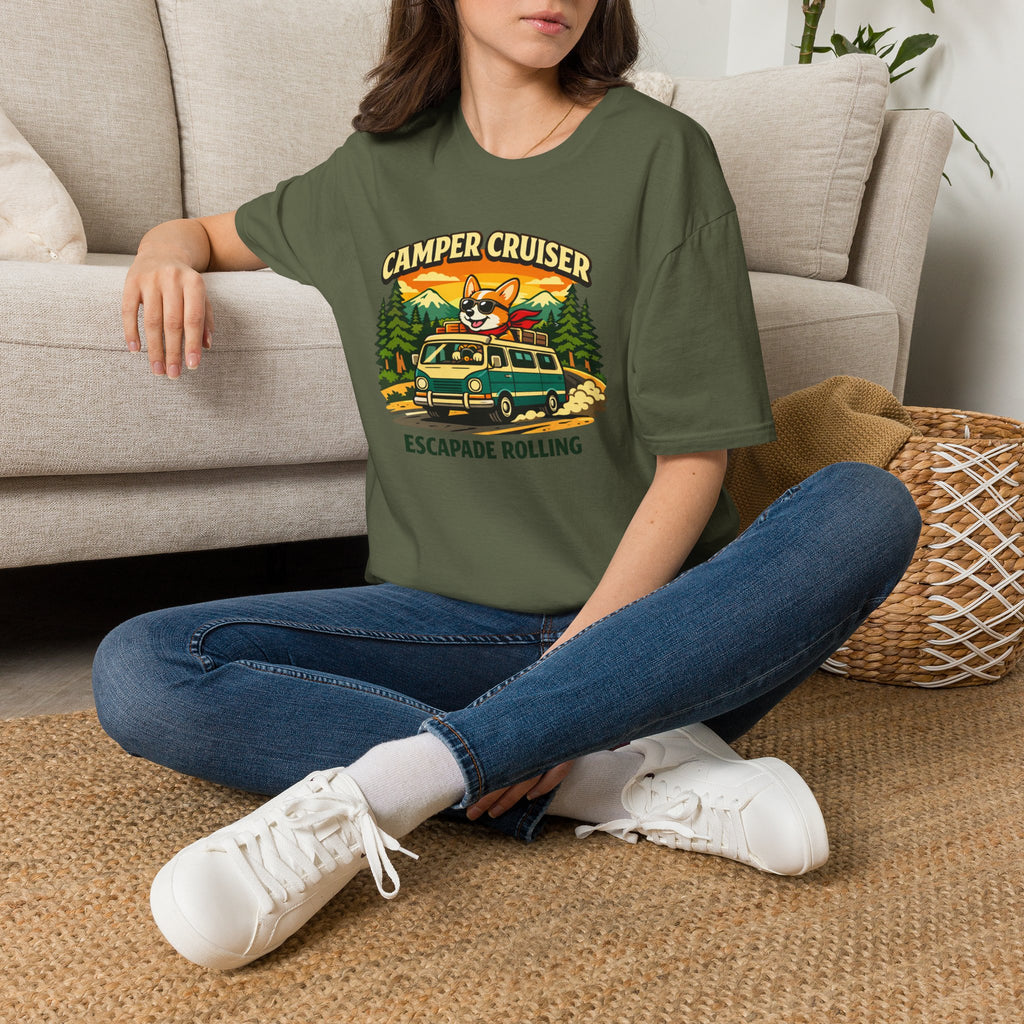 Camper Cruiser T-Shirt — Cute Corgi Van Life Graphic Tee for Camping Lovers