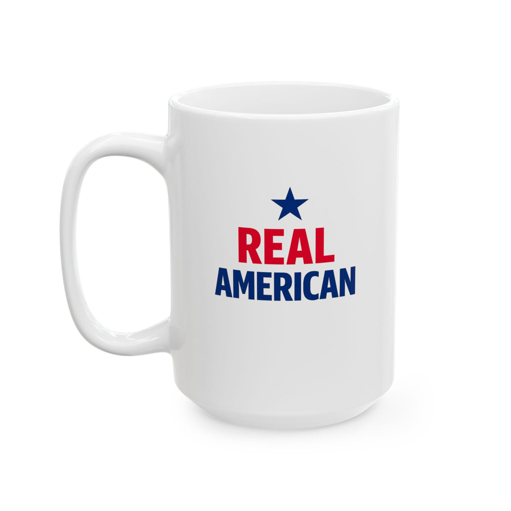 Patriotic Ceramic Mug — “Real American” Eagle Flag Design (11oz & 15oz)