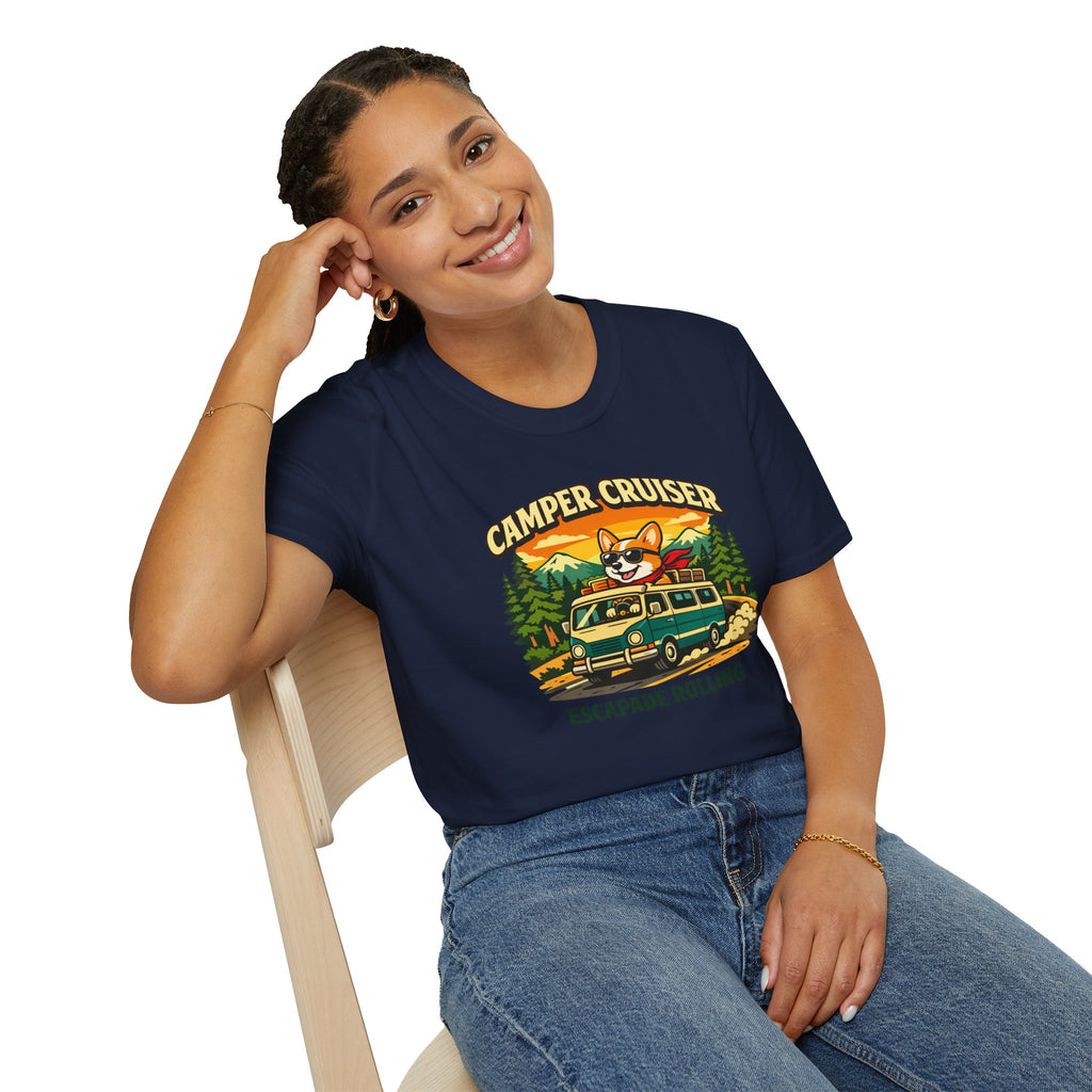 Camper Cruiser T-Shirt — Cute Corgi Van Life Graphic Tee for Camping Lovers
