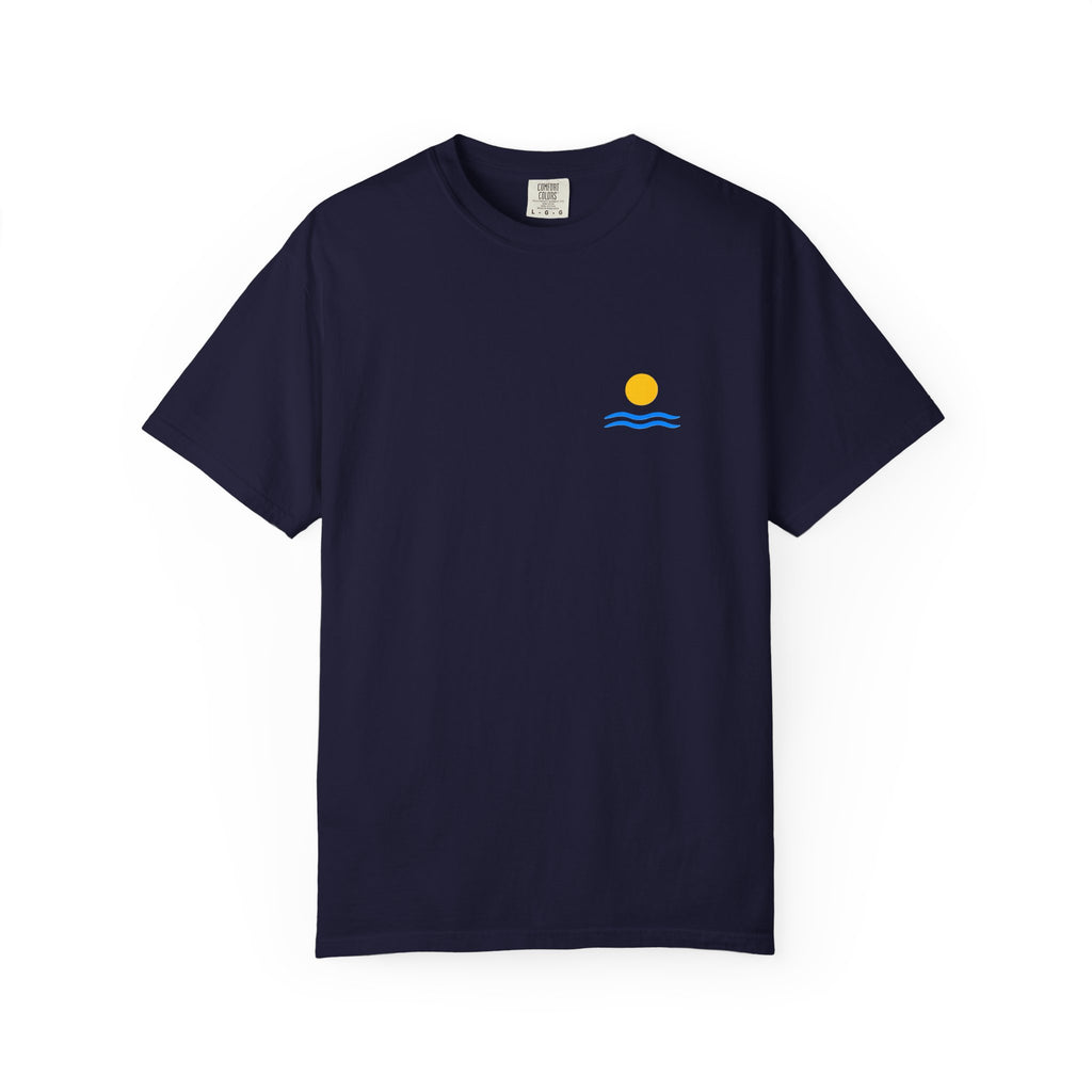 Sunrise Waves T-Shirt — Minimal Beach Pocket Graphic