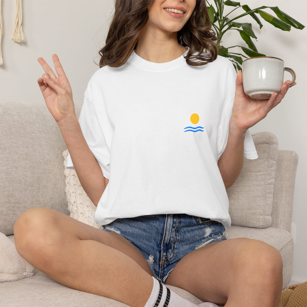 Sunrise Waves T-Shirt — Minimal Beach Pocket Graphic