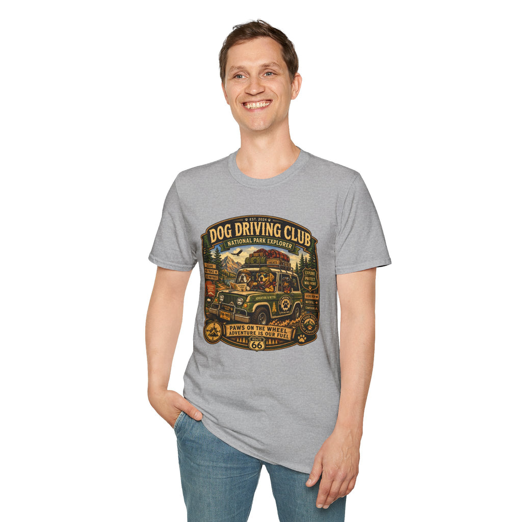 Dog Driving Club T‑Shirt — National Park Explorer Retro Pet Road Trip Tee