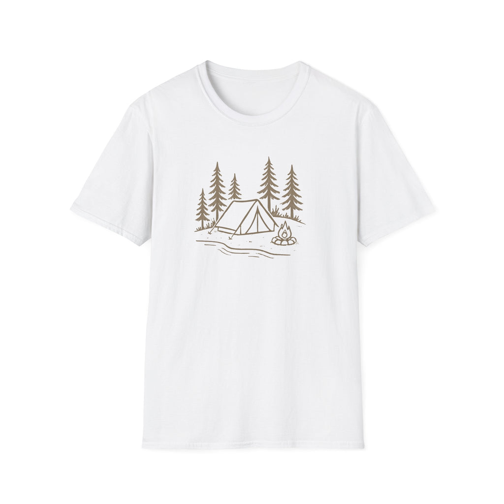 Camping Tent Tee — Minimal Lakeside Campfire Graphic T-Shirt