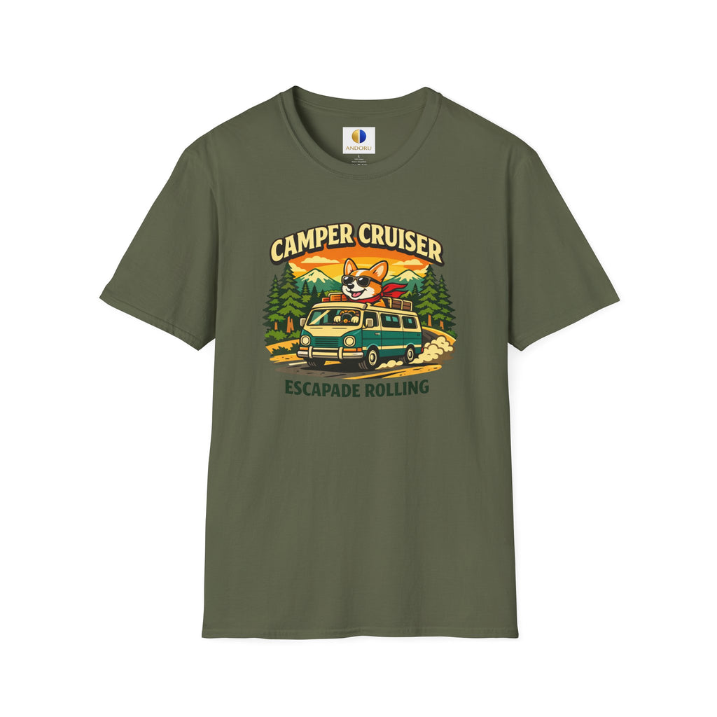 Camper Cruiser T-Shirt — Cute Corgi Van Life Graphic Tee for Camping Lovers