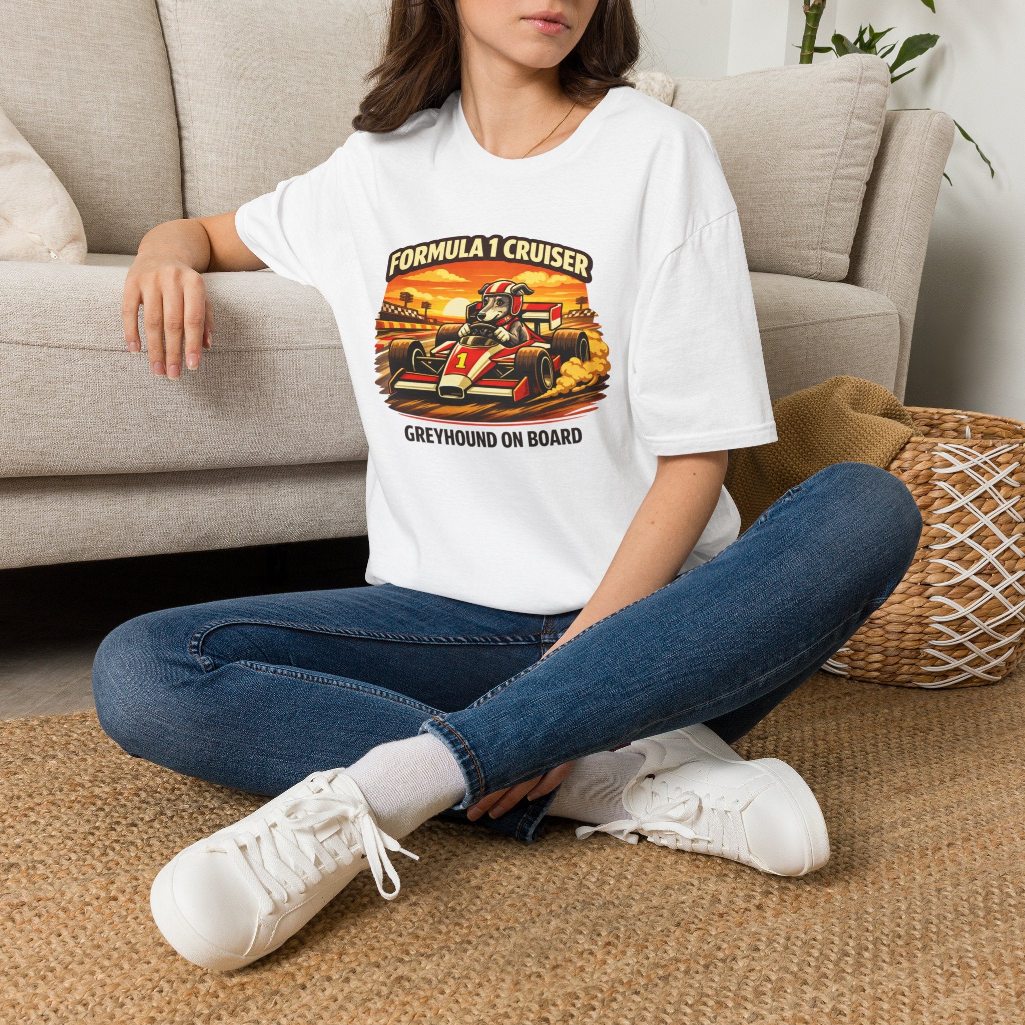 Formula 1 Cruiser T-Shirt — Vintage Racecar Graphic ("Greyhound On Board")