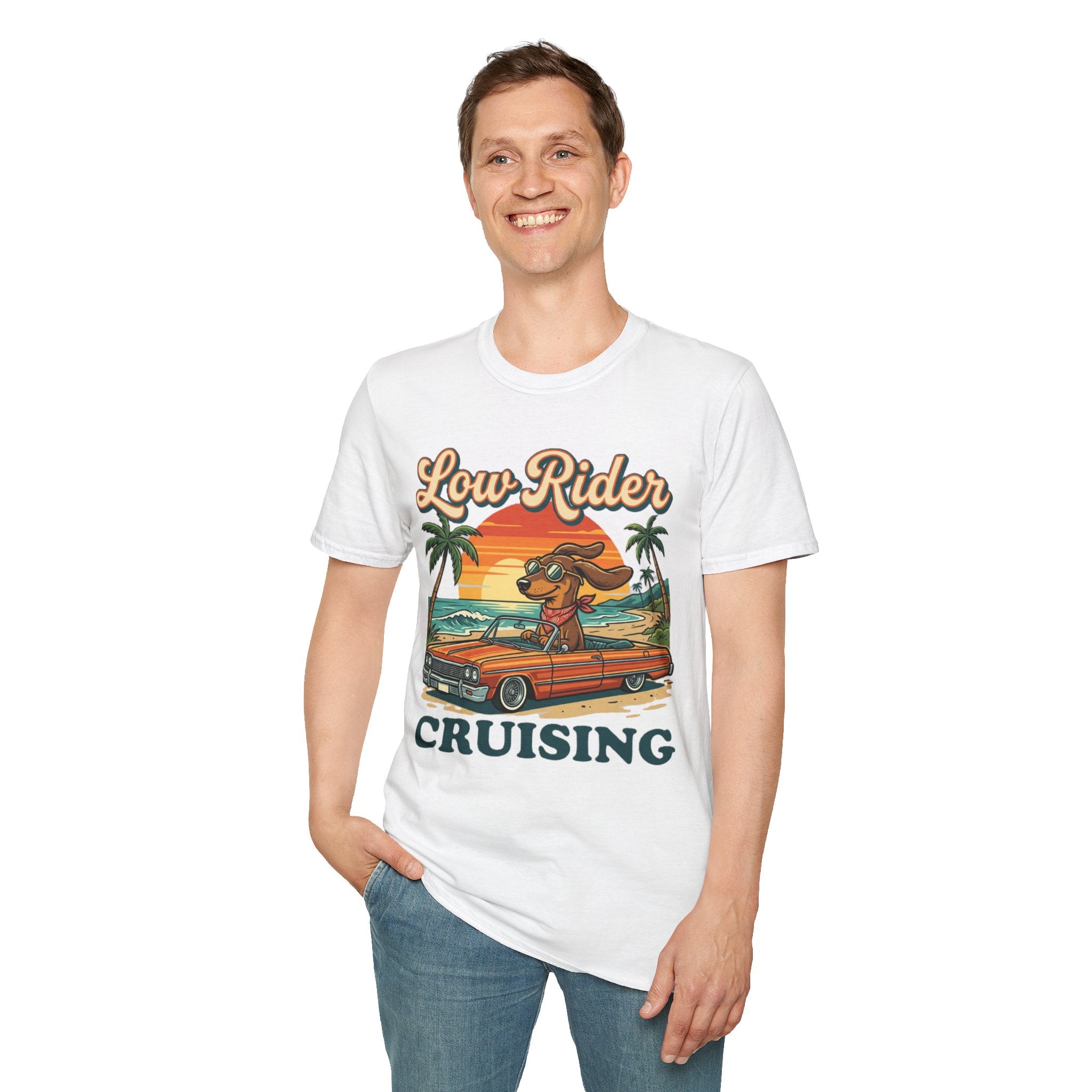 Low Rider Cruise Dog T-Shirt — Retro Palm Sunset Graphic Tee
