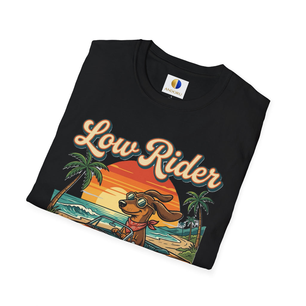 Low Rider Cruise Dog T-Shirt — Retro Palm Sunset Graphic Tee