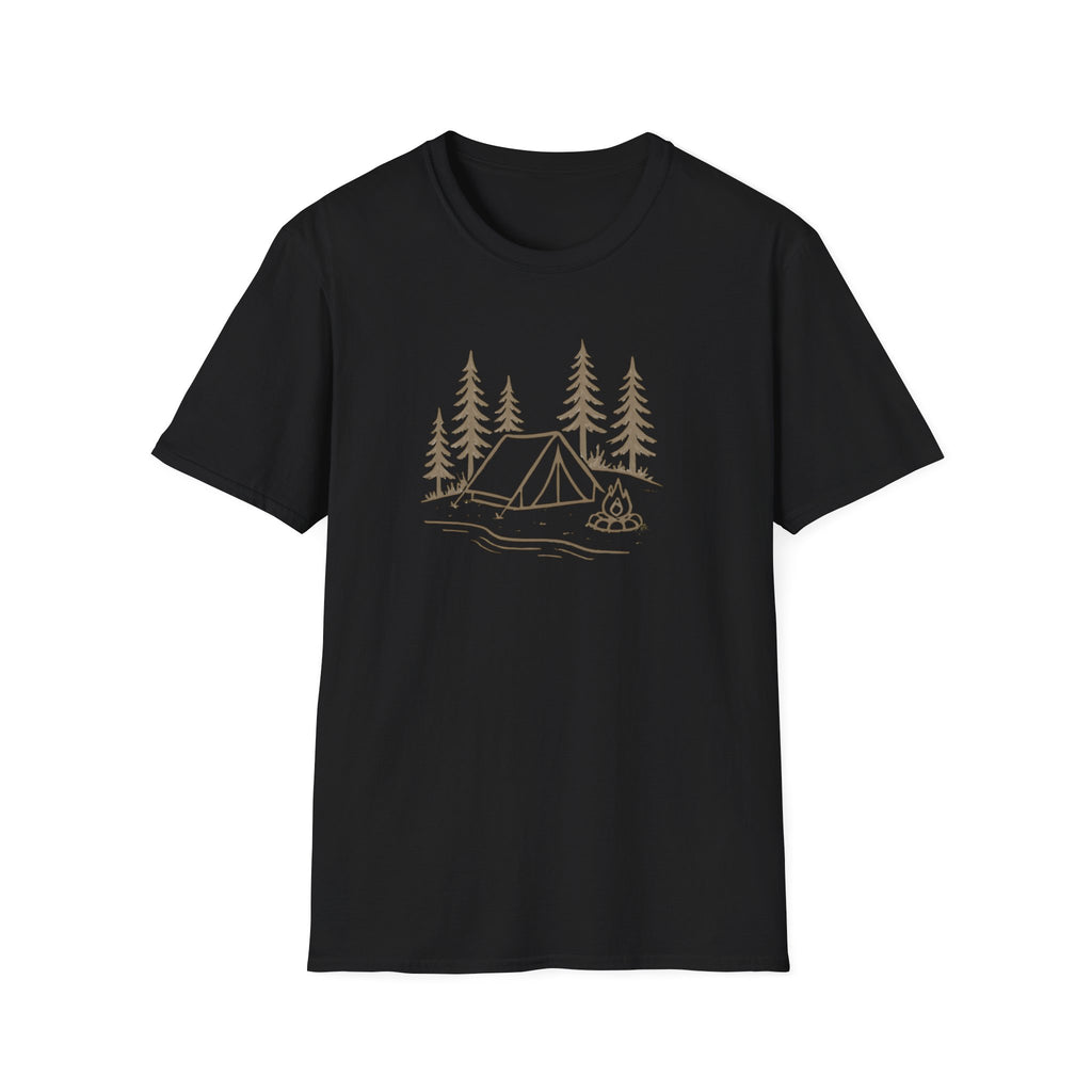 Camping Tent Tee — Minimal Lakeside Campfire Graphic T-Shirt