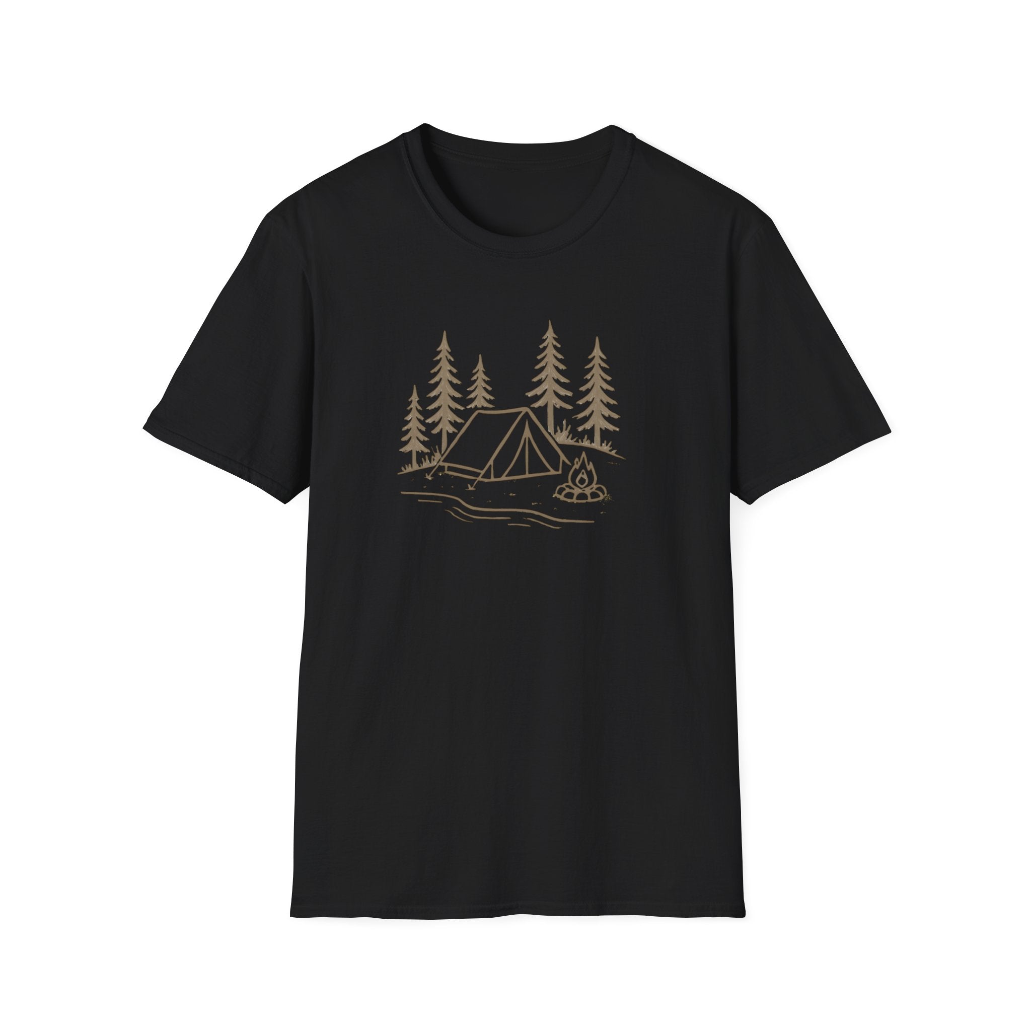 Camping Tent Tee — Minimal Lakeside Campfire Graphic T-Shirt