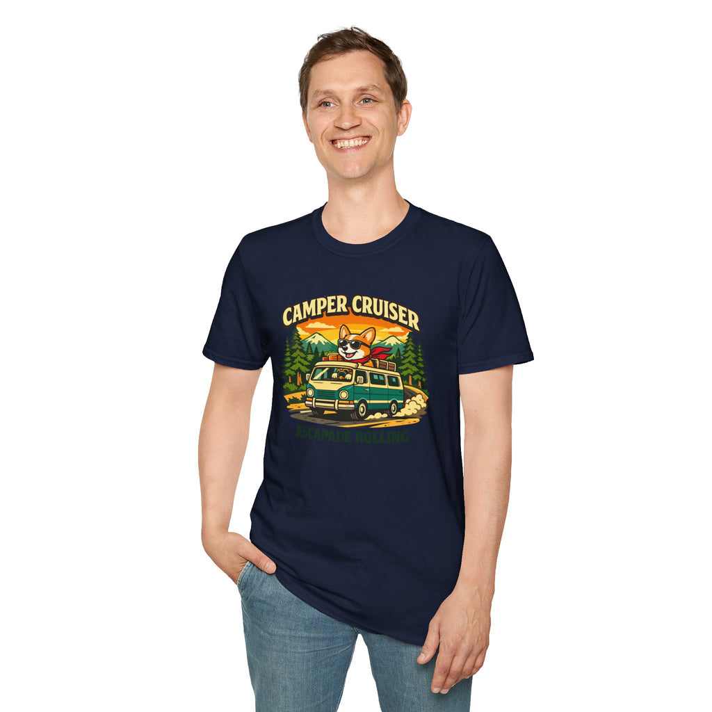 Camper Cruiser T-Shirt — Cute Corgi Van Life Graphic Tee for Camping Lovers