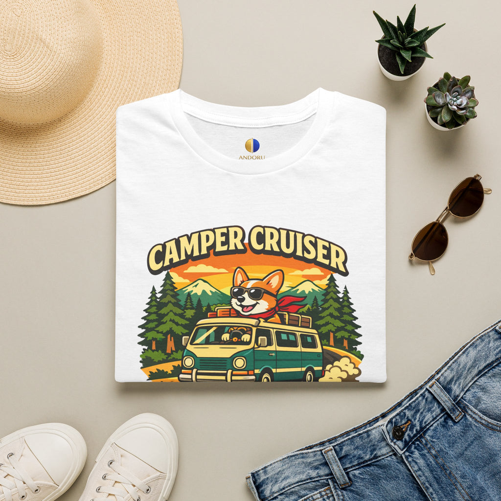 Camper Cruiser T-Shirt — Cute Corgi Van Life Graphic Tee for Camping Lovers