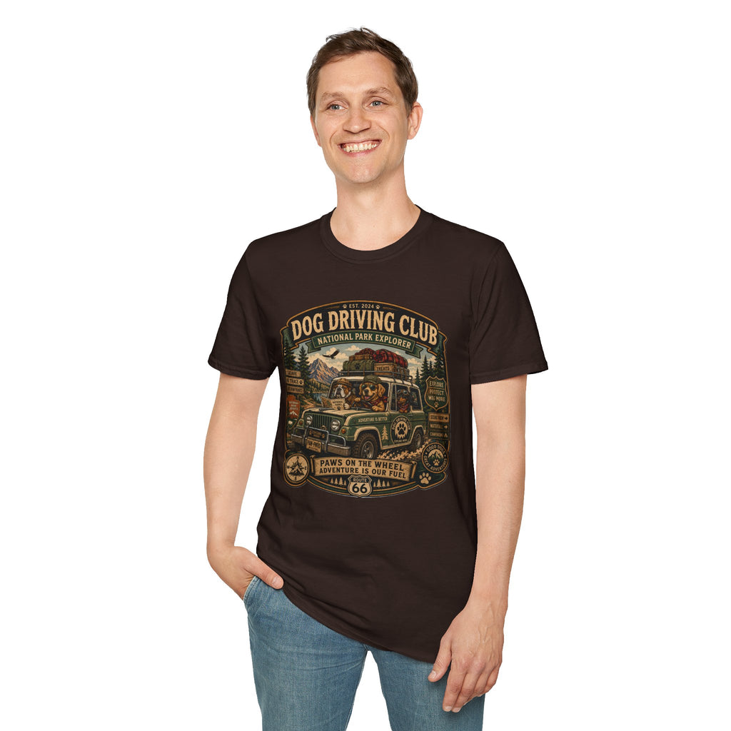 Dog Driving Club T‑Shirt — National Park Explorer Retro Pet Road Trip Tee
