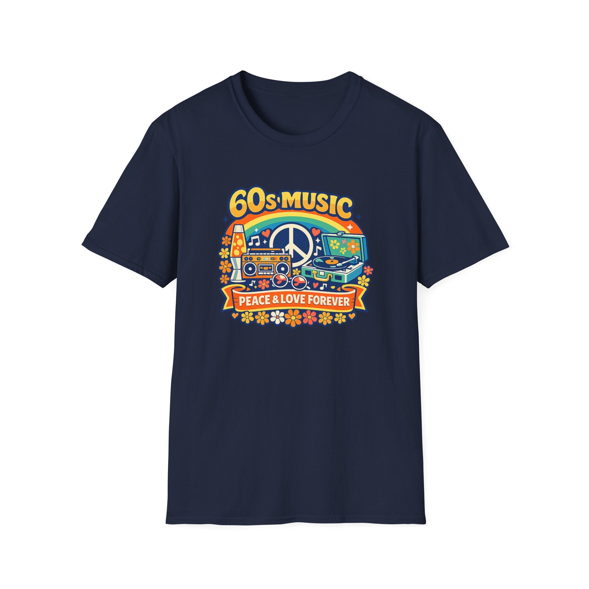 60s Music T-Shirt — Retro Peace & Love Vintage Radio Design