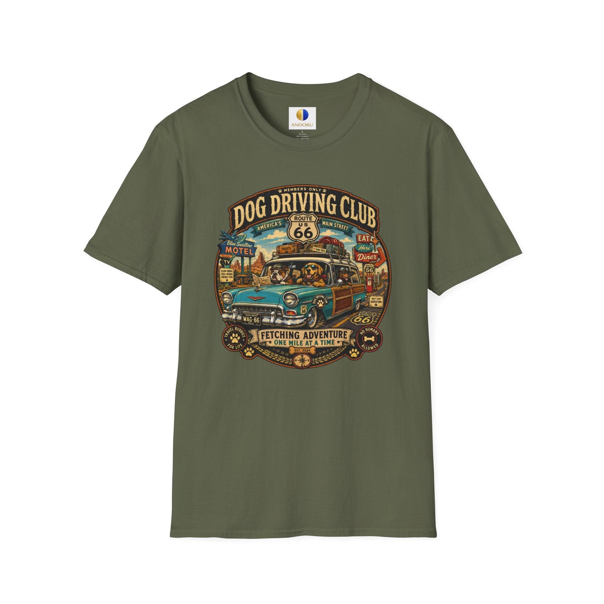 Dog Driving Club T‑Shirt — Route 66 Retro Pet Road Trip Tee