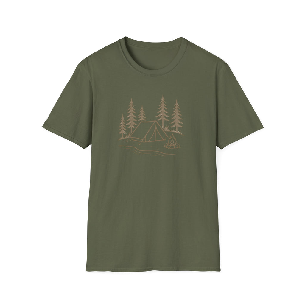 Camping Tent Tee — Minimal Lakeside Campfire Graphic T-Shirt